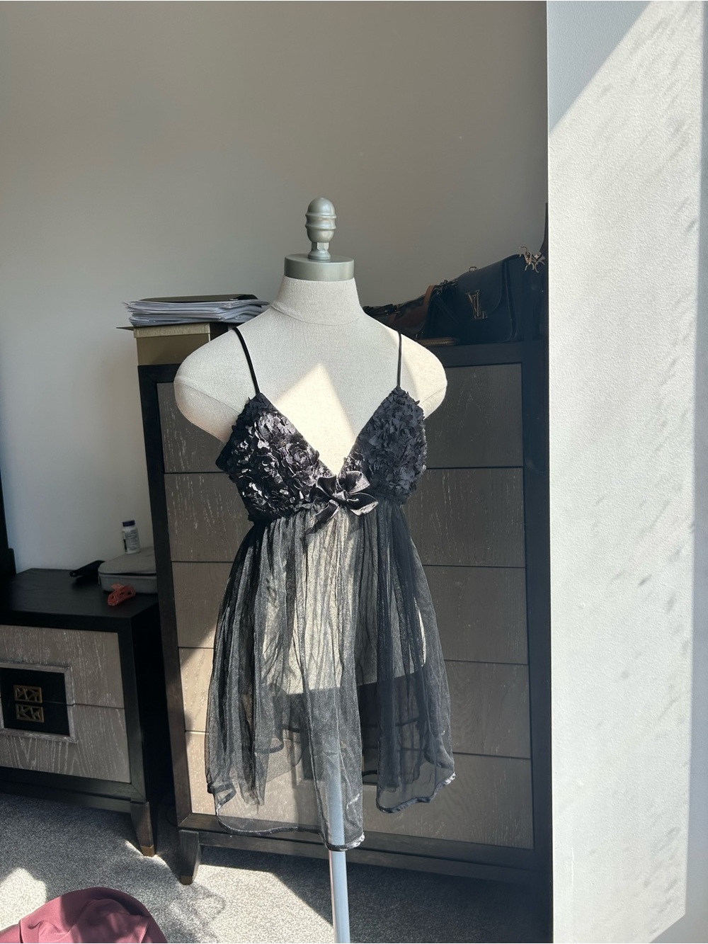 Sheer Black Floral Lace Babydoll Chemise with Satin Bow